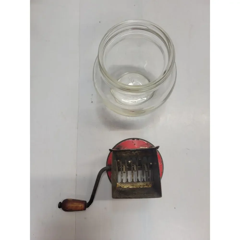 Vintage Hazel Atlas Androck Nut Chopper Grinder Red Floral Glass Kitchen Jar